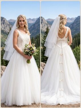 Stunning & Elegant Lace A-Line Wedding Dress with Bow Back train